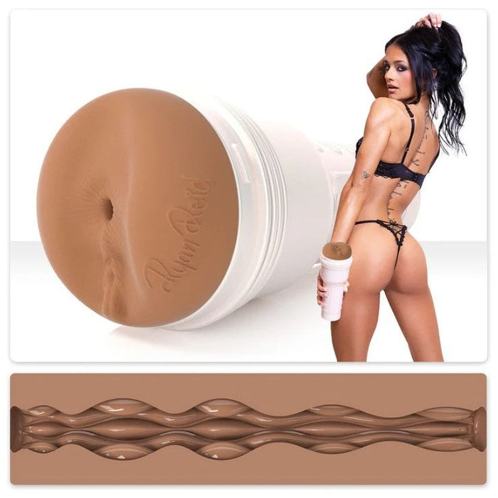 adult star ryan reid wearing black panty & bra holding molded butt fleshlight masturbator, standing beside fleshlight molded masturbator with texture