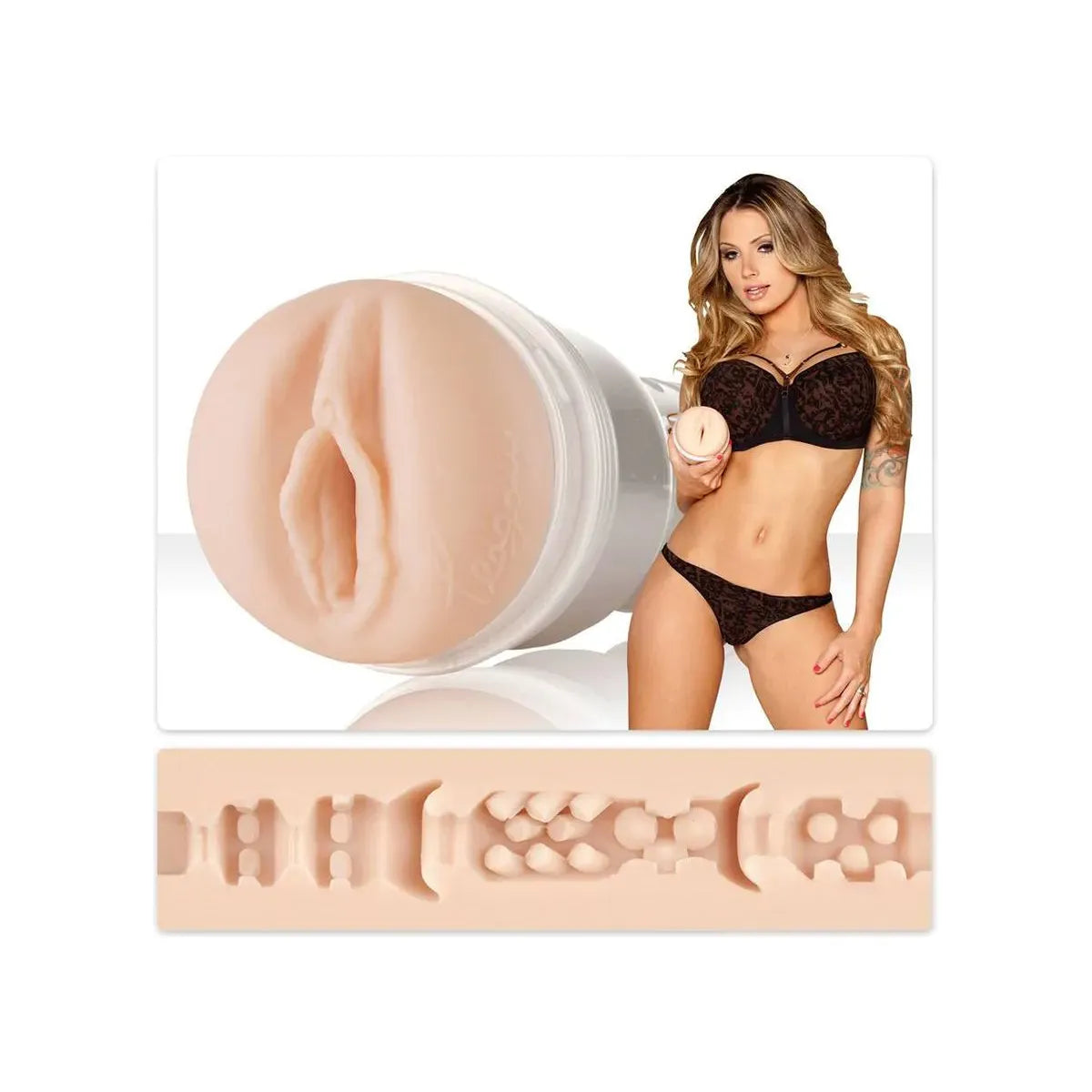 adult star teagan presey wearing brown lingerie, standing beside molded vagina fleshlight masturbator with texture