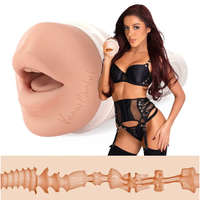 Close-up of the Fleshlight Girls Vanna Bardot Serotonin mouth masturbator sleeve with textured canal detail, alongside Vanna Bardot in black lingerie holding the product.
