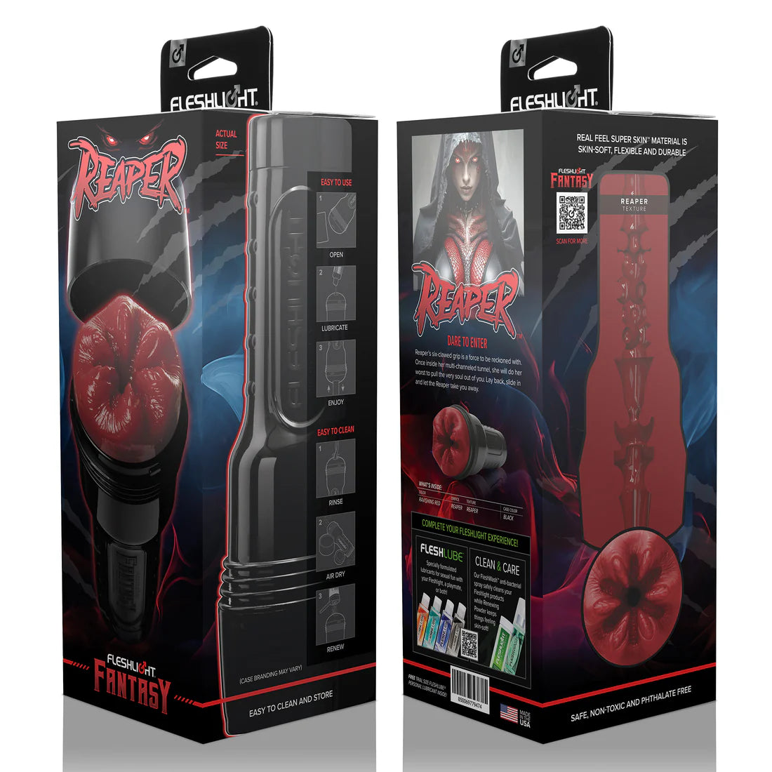 Fleshlight Reaper masturbator packaging with detailed views on a white background
