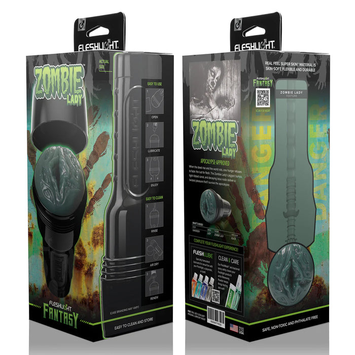 Two packaging boxes of a product labeled 'Zombie Lady' with branding fleshlight and graphics.