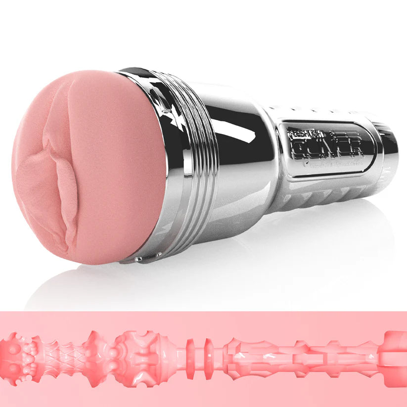 pink and silver fleshlight vagina masturbator with inner texture on white back ground