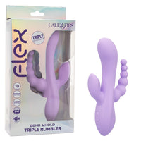 purple vibrator with bulb head, clitoral stimulator and anal beads attached for double penetration beside box packaging