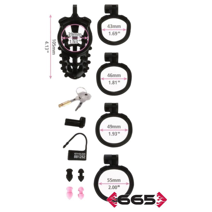 ring size chart with key holder with measurements and a key attached on a white background