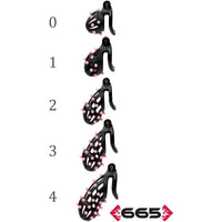 Set of black and pink chastity cages with measurement scale on a white background, featuring the brand '665'.