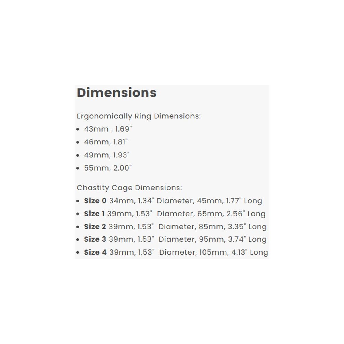 Dimensions of ergonomic ring and chastity cage on a white background