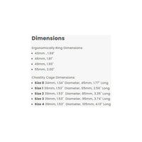Dimensions of ergonomic ring and chastity cage on a white background