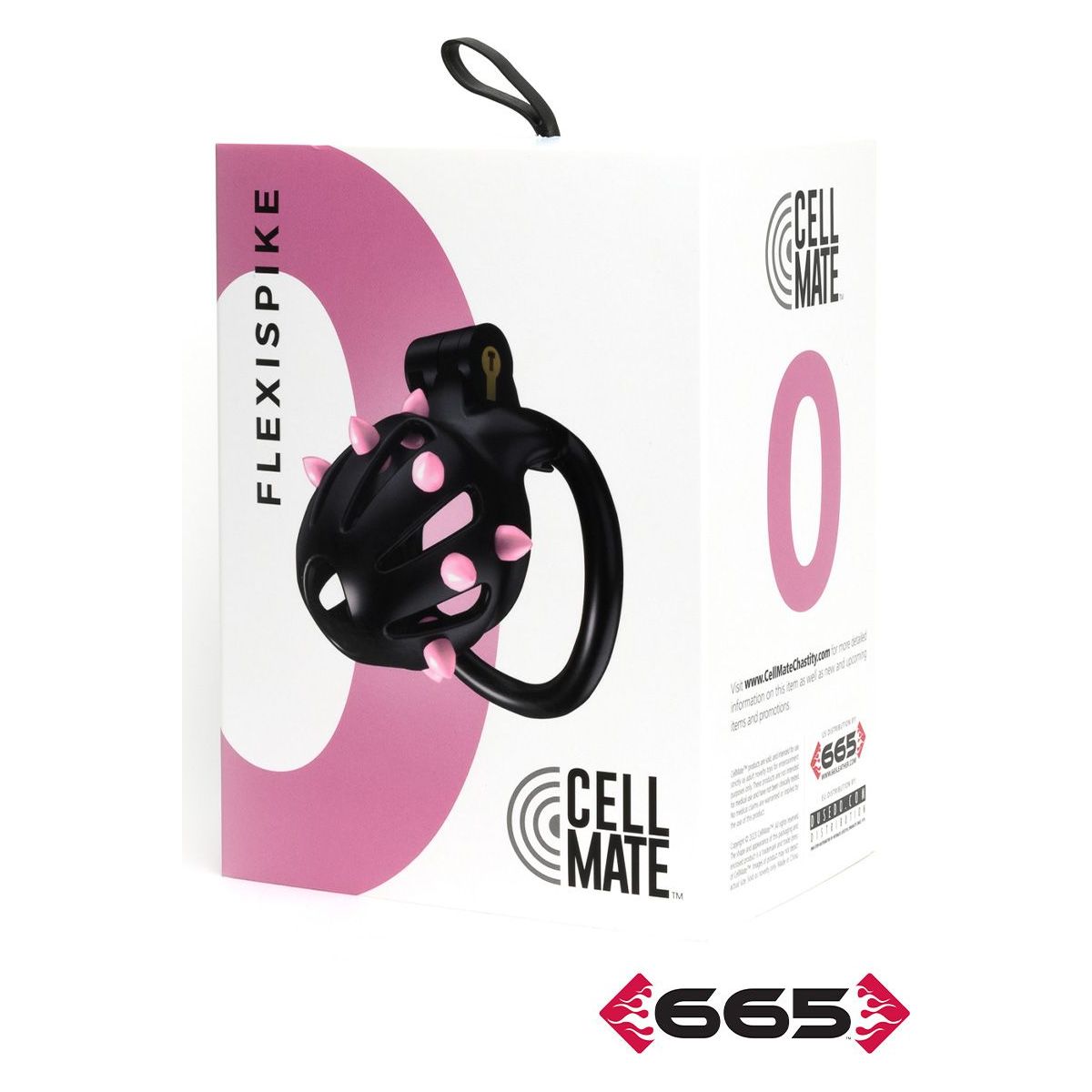 Black chastity cage with pink spikes in front of a Cell Mate branded box on a white background
