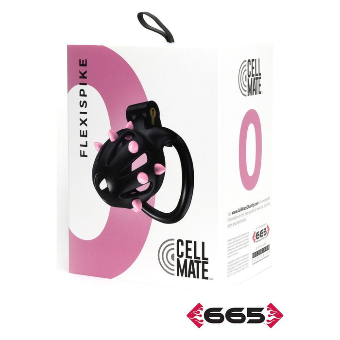 Black chastity cage with pink spikes in front of a Cell Mate branded box on a white background
