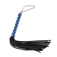 Flogger with blue handle and black tassels on a white background