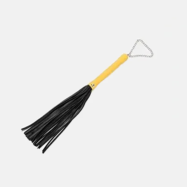 Black leather flogger with a yellow handle on a white background