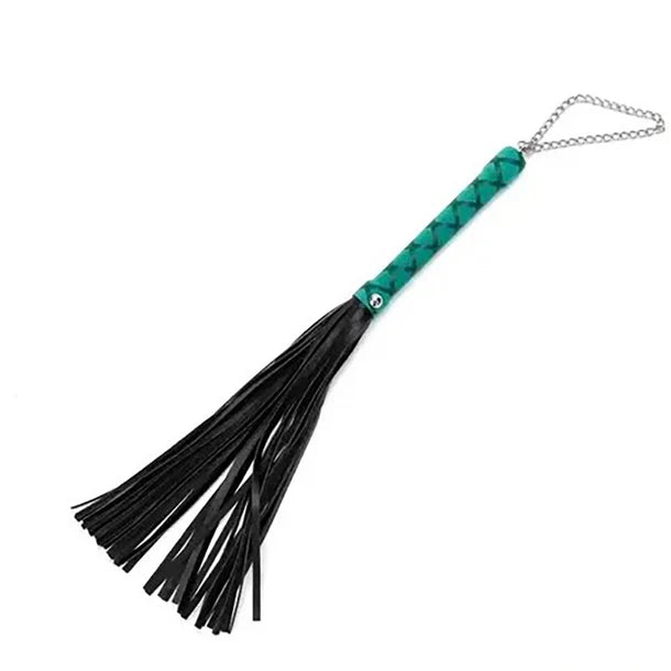 Black leather flogger with a green handle on a white background