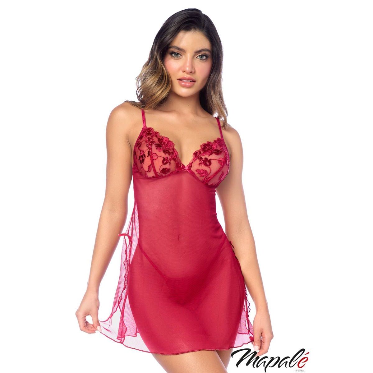 Woman wearing a red satin nightgown with floral lace details on a white background, featuring the brand 'Mapale'.