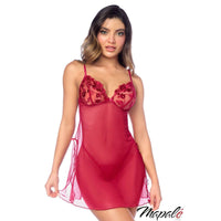 Woman wearing a red satin nightgown with floral lace details on a white background, featuring the brand 'Mapale'.