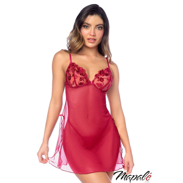 Woman wearing a red satin nightgown with floral lace details on a white background, featuring the brand 'Mapale'.