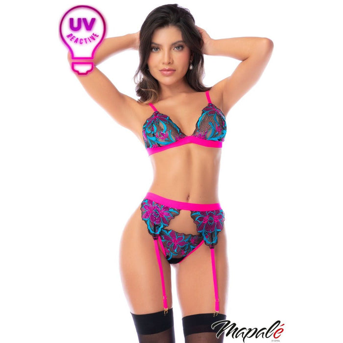 Model wearing a colorful lingerie set with 'Mapale' branding on a white background.