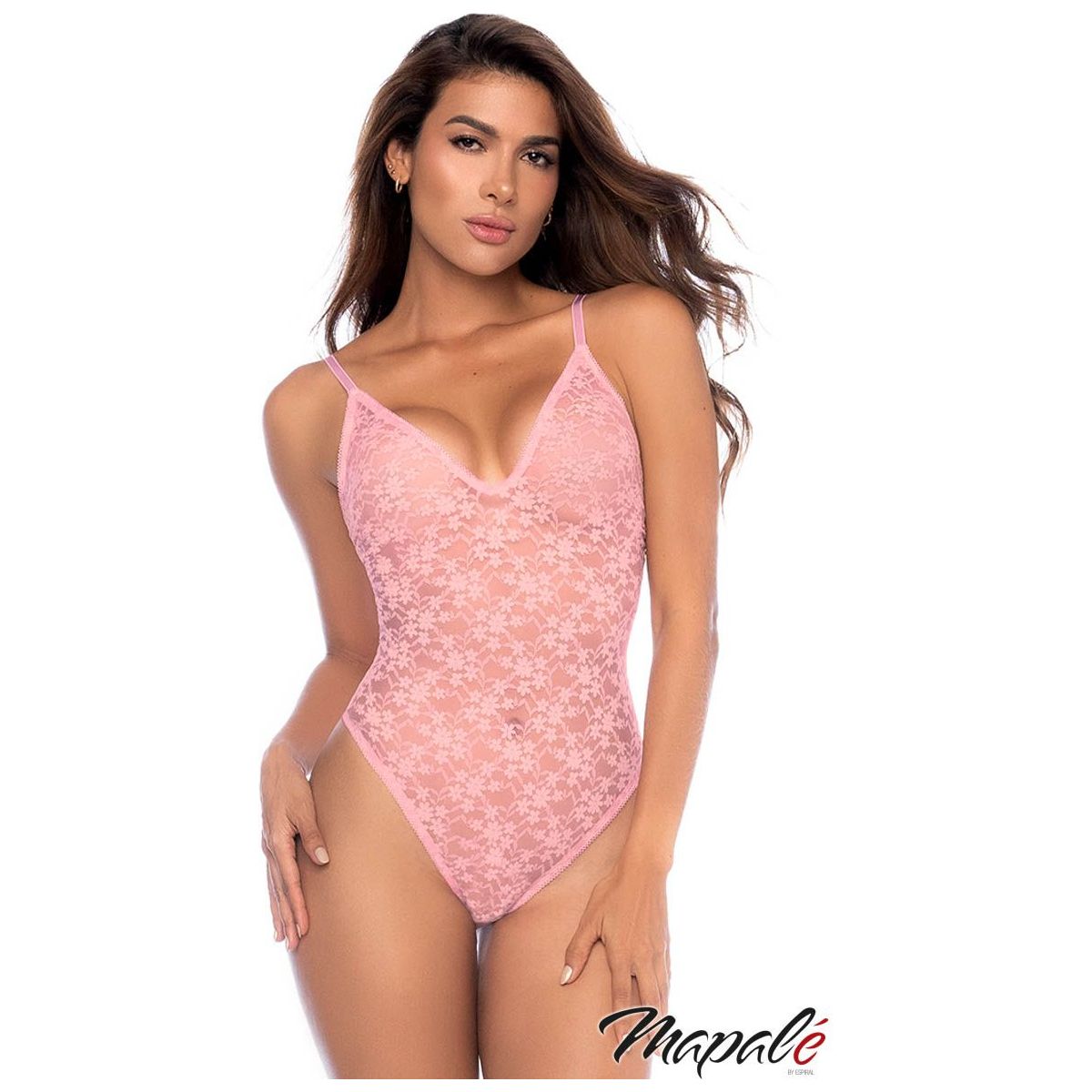 brunette female wearing floral lace teddy in pink, front view