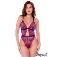 model wearing a purple and pink floral lace teddy with mapale branding