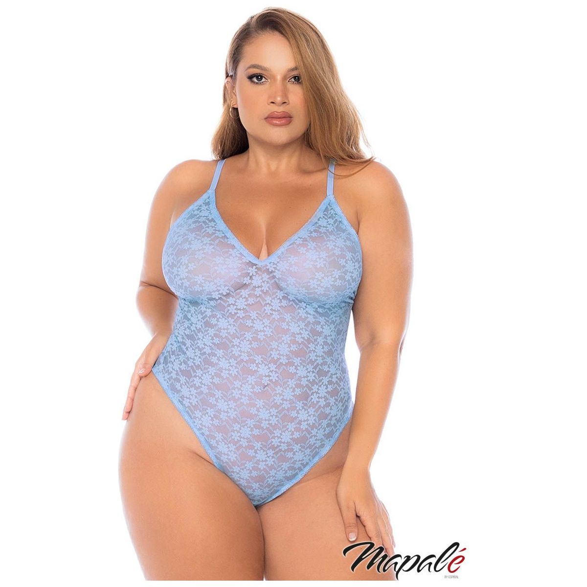 Blonde plus size model wearing floral lace teddy in blue, front view