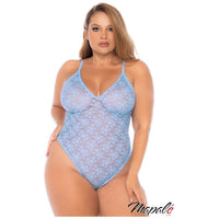 Blonde plus size model wearing floral lace teddy in blue, front view