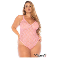 Blonde plus size model wearing floral lace teddy in pink, back view