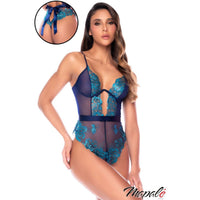 model wearing blue foil lace teddy with bow on butt