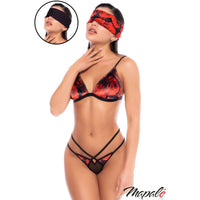 A woman modeling a red and black floral lingerie set against a white background, wearing a matching blindfold. A circular inset at the top left shows a close-up of the blindfold being worn.
