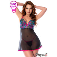 Woman wearing a colorful lingerie set with floral patterns on a white background, featuring the brand 'Mapale'.