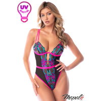 Model wearing a colorful lingerie set with 'Mapale' branding on a white background.
