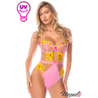 Woman wearing a colorful bikini with floral design, branded 'Mapale'.
