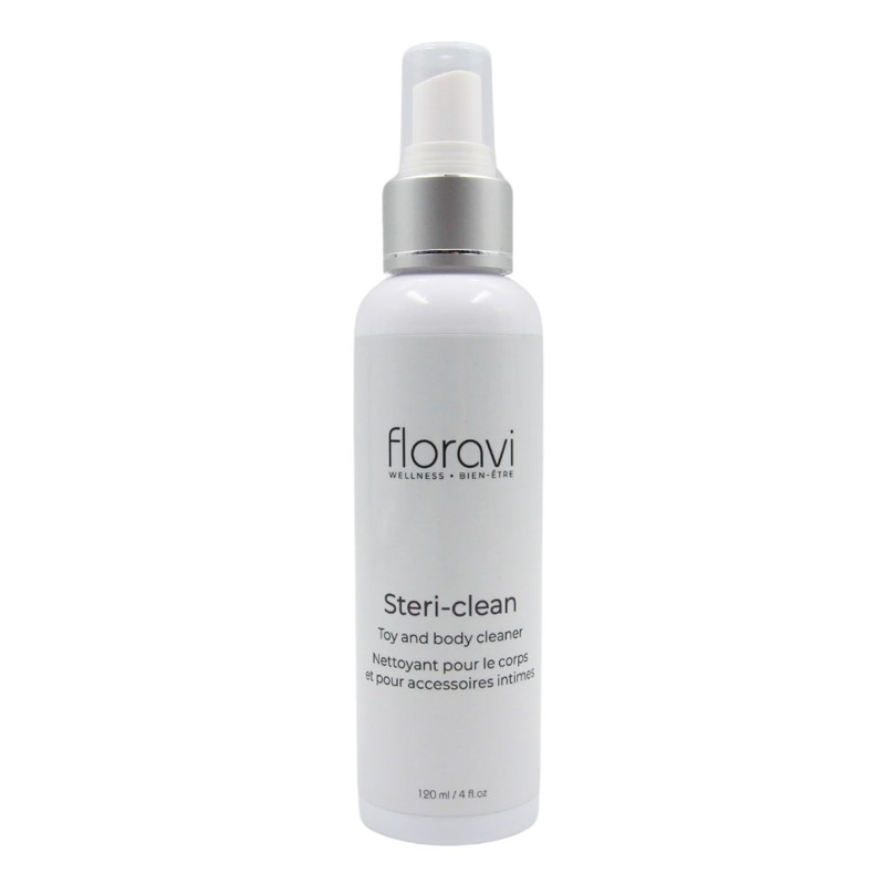 White spray bottle labeled 'floravi Steri-clean' on a white background