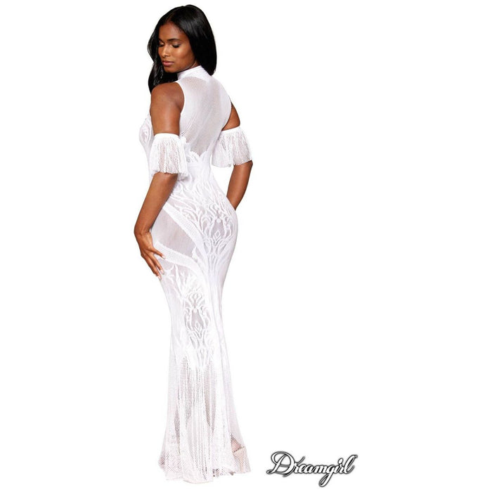 brunette female in white halter neck gown with lace sleeves, mermaid style dress  back view