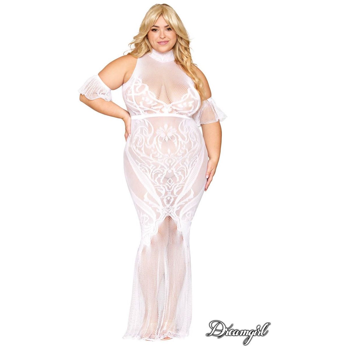 blonde female in white halter neck gown with lace sleeves, mermaid style dress 