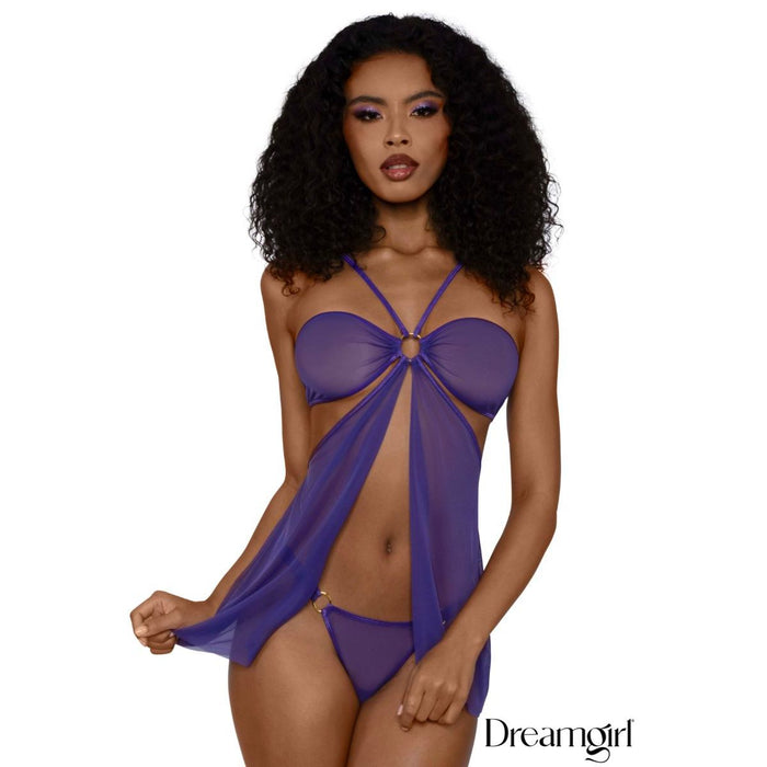 purple panties with around the neck top in purple worn on female model