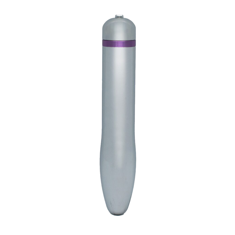 Silver cylindrical vibrator with a purple band on a white background