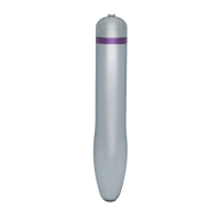 Silver cylindrical vibrator with a purple band on a white background