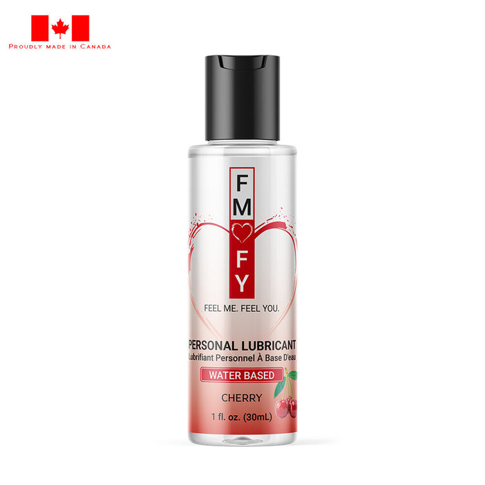 Personal lubricant bottle with cherry flavor on a white background, featuring the FMFY brand.