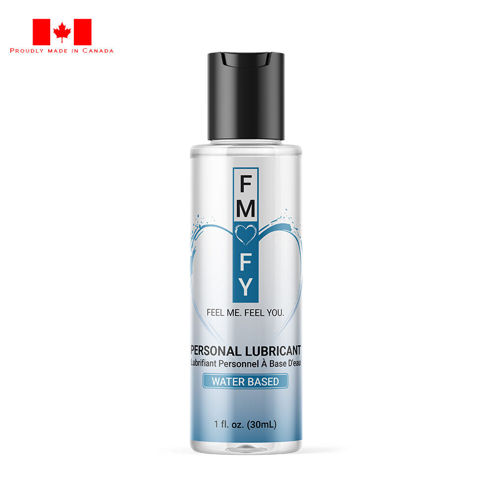 Personal lubricant bottle with FMFY branding on a white background