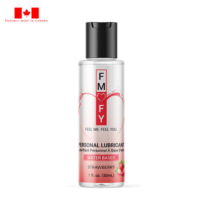 Personal lubricant bottle strawberry with FMFY branding on a white background