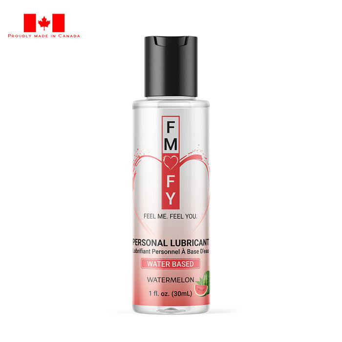 Personal lubricant bottle with watermelon flavor on a white background