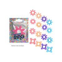 Colorful textured rings with packaging labeled 'Calexotics' on a white background