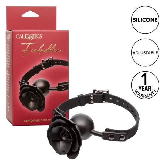 a black ball gag with an attached black rose and black straps. Shown next to its red display box and key features