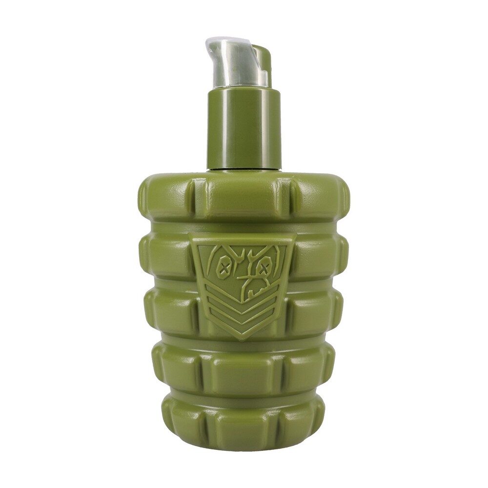 Green grenade-shaped bottle with a silver cap on a white background