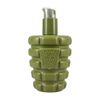 Green grenade-shaped bottle with a silver cap on a white background