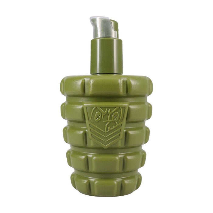Green grenade-shaped bottle with a silver cap on a white background