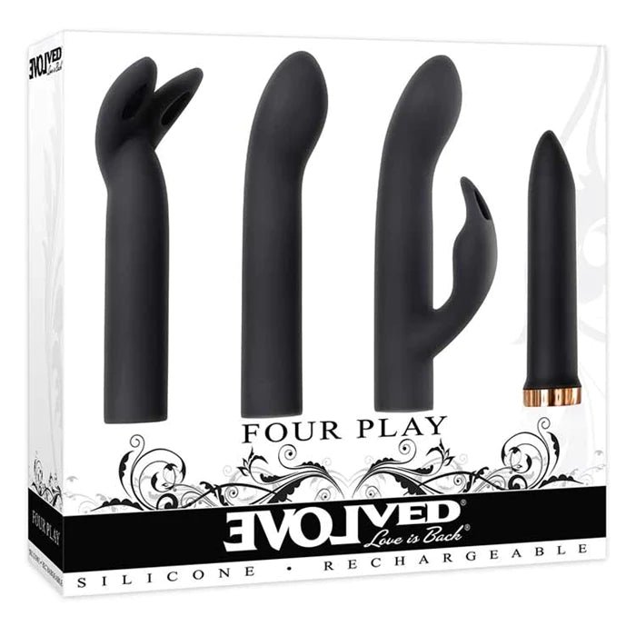 black vibrator with 4 attachments, sleek, rabbit, g spot and flicker