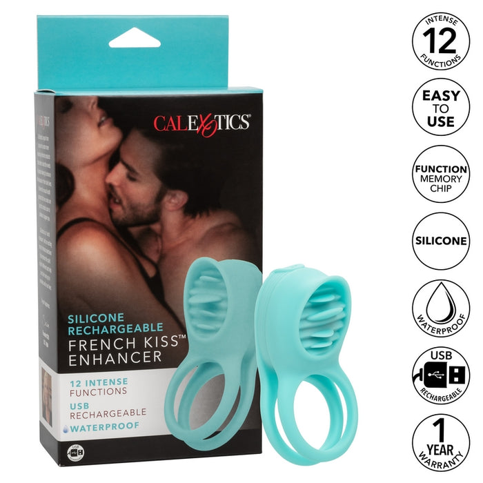 turquoise vibrating rechargeable cdouble cock ring with french kiss clitoral stimulator next to cal exotics box