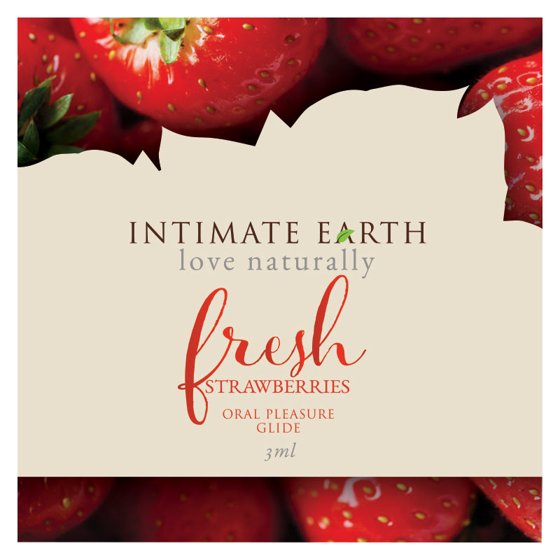Product packaging for 'Intimate Earth' fresh strawberries oral pleasure guide with strawberries at the top and bottom.