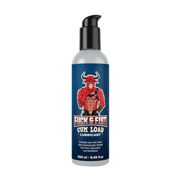 fuck & fist cum load lube bottle on white background with red bull on label
