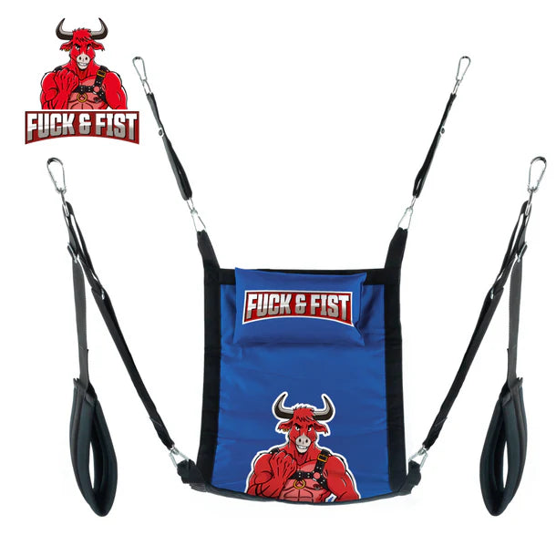Blue hammock with black straps and 'Fuck & Fist' logo on a white background
